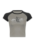 Raglan Sleeve Grunge Wing Print Crop Top-Outfit