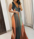 Fongt Temperament Commuter V Collar Sling Sleeveless Color Color Print Long Waist