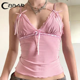 Vintage Pink Crop Top Chic Bandage Bow Patchwork Camisole Women Casual Solid Harajuku Tank Tops y2k Harajuku Summer Tees-Outfit