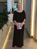 Fongt New Solid-Color Suit Round-Collar Sleb Set Of Bright Bat Shirt Wide Leg Trousers Set For Women