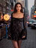 Fongt New Women's Clothing Temperament Fashion Lace Trumpet Long Sleeve Strap A Swing Dress Woman