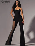 Sexy Mesh Patchwork One Shoulder Playsuits Women Elegant Solid Skinny Flare Pants Jumpsuit Fashion Lady Party Streetwear-Outfit