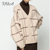 2021 Oversized Cardigan Women V Neck Autumn Winter Long Sleeve Brown Loose Casual Sweater Knitted
