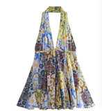 Fongt Women's Explosive Print Collar With Bare Back Hanging Neck Dress