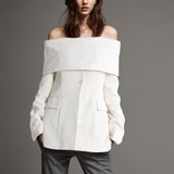 Fongt Retro Wind Autumn 2024 New One-Word Collar Long Sleeve Closed Waist Solid Color Medium Long Buckle Small Suit Jacket Female-Outfit