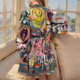 Fongt Women's Wear 2024 New Print Round Collar Waist Belt Fold Flounce Vintage Winter