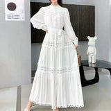 Fongt Style Dress Summer Dress Women's Heavy Industry Hollow Lace Splicing Long French Lantern Sleeve Dress