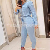 Spring And Autumn New E-Commerce Wish Blue Zipper One-Piece Trousers-Outfit