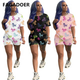 Women Pink Outfits Summer 2022 Sweatsuit Graffiti Two Piece Sets Short Sleeve T Shirt + Biker Shorts Casual