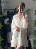 Sexy Summer Dresses For Women 2022 Plunge V Neck White Lace Long Sleeve Mini Wedding Party Dress Ruffle Elegant