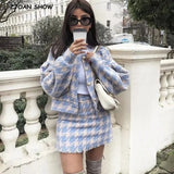 Sweet Women Pearl Button Check Gingham Plaid Blazer High Waist A line Mini Short Skirts Long Sleeve Suits 2 Pieces