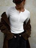 Buttoned Long Sleeve Solid Top-Outfit