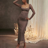 Fongt Women's Dress 2025 Spring Sexy Hottie Long-Sleeved Mesh Fashion Temperament To Open Fork Long Dress