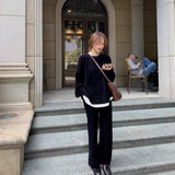 New Casual 2 Pieces Knitted Set Long Sleeve Patchwork Sweater Long Trousers Autumn Winter Female Wide Leg Pants