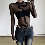 Fongt Velvet Snake-Print Sexy Perspective Mesh Yarn Laming Small Babes Half-High Collar Elastic Long-Sleeved Top