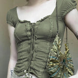 Fongt Lace-Up Green Short Sleeves And Front U-Collar T-Shirt 2023 New Slim Temperament Show White Coat Tide-Outfit