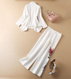 STREET 2022 Newest Fashion Designer Runway Suit Set Women's Single Button Ruffles Blazer Floral Printed Wide Leg Pants