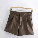 Spring Style Pleated Leather Solid Color Fashion Trendy Shorts 7385290-Outfit