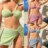 2024 New Solid-Color Single-Shoulder Braid Cloth Three-Piece Swimsuit Swimsuit