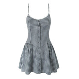 Fongt Two-Color Lattice Button Embellion With Joint Dress 2025 Spring New M11382