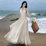 Chic Stunning Sleeveless Collar Hanging Neck Dress Summer New Gentle Temperament Closed Waist Show Thin Long Skirt-Outfit