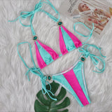 Fongt Sexy New Crystal Diamond Bikini Solid Color Patchwork Belt Swimsuit Vacation Split Women's