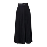 High Waist Pleated Long Skirt With Belt-Outfit