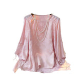 Printed Mulberry Silk Blouse Women's New Chinese Style Disc Button Round Collar Imitation Silk Shirt In Summer 2023-Outfit