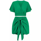 Fongt Women's Casual Short Sleeve Shorts Suit Women's New Lace-Up Solid Color Suit-Outfit