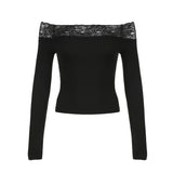 Fongt Hot Girl One Word Shoulder Lace Splicing Long Sleeve T Shirt Female New Slim Solid Color Bottom Top-Outfit