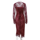 Red Lace Sheer Removable Sleeve And Lace Up Midi Dress-Outfit