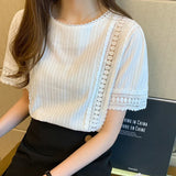 Style Women Short Sleeve Hollow Out Lace Blouse Solid Elegant Office Lady Tops Summer New 2021 White Shirt Blusas