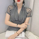 Sexy Slim Houndstooth Pullovers All-match Stylish Patchwork Casual 2023 Female Clothing Elegant V-Neck Commute T-shirt-Outfit