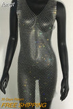 Sale Fishnet Bling Crystal Diamonds Dress Grid Sleeveless O Neck Sexy See Through Women Skinny Mini Dresses Night