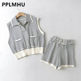 Stripe Knitted Tracksuit Women's Sleeveless Pullover Tshirts Two Piece Sets Summer Mini Shorts Suits Ribb Tee
