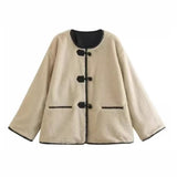 Fongt Women's Explosive Single-Row Buckle Round-Neck Fur Jacket Jacket