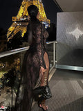 Women's Elegant Turtleneck Mesh Hollow Out Maxi Dress Full Sleeves Body-shaping Robe Lady Evening Attirewear Vestidos-Outfit