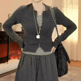 Fongt Dark Gray Slim Fake Two Knitted Shirt Women Autumn New Niche Temperament Thin Sweater Top