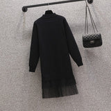 Size Women Basic Knitting Sweater Dresses Autumn Winter Long Sleeve Mesh Patchwork Beading Dresses Warm Dresses 4XL