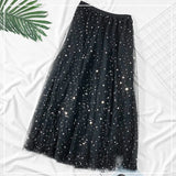 Elegant Korean Women Tulle Skirt Fashion Sequin Star Summer Mesh Ladies Long Skirt Elastic High Waist Party White