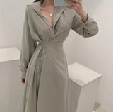 Single Breasted Midi Lace Up Slim Solid Shirt Dress Long Sleeve Elegant Vestidos