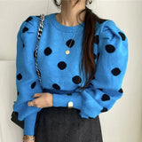 Y2K 2021 Women Autumn Winter Sweaters Knitted Vintage Fashionable Pullovers Elegant Puff Sleeve Dot Short Tops