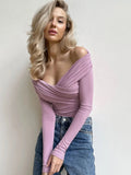 Shoulder Onesie 2024 Hot Top Sexy Cross Pleated One-Line Shoulder Long Sleeve Onesie-Outfit
