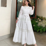 Fongt Wooden Ear Collar Buckle Tie With Long Hollow Lace Splicing French Bubble Sleeve Dress