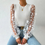 Fongt Women's Wear Mesh Small Flower And Snow-Flake Shirt Women 2025 Spring And Summer Round Collar Thin-Sleeved Top