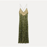 Green Sequin Backless Sling Maxi Dress-Outfit