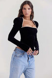 Black Long Sleeve Square Neck Corset Tie Up Top-Outfit