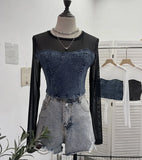 Fashion Fake Two Denim Splicing Mesh Long Sleeve Top Short Open Umbilion T-Shirt
