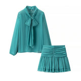 Fongt Women's INS Exploding Fashioned Long Sleeve Shirt Folding Mini High Waist Short Dress Set