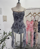Real Shooting Atmosphere Feels A Mesh Yarn-Print Sling Vest Irregular Ribbon Splicing Lace Sleeveless Top